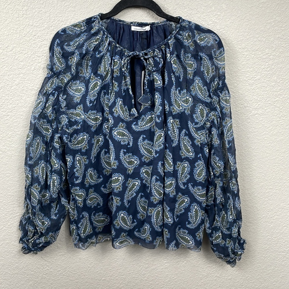 NWT Unsubscribed Romantic Blouse Navy Blue Paisley Silk Long Sleeve Oversized 8